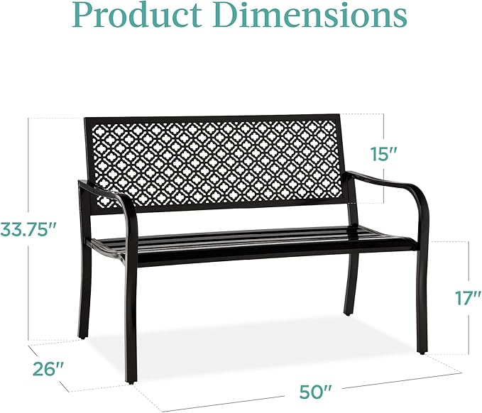 Best Choice Products Outdoor Bench 2-Person Metal Steel Benches Furniture for Garden, Patio, Porch, Entryway w/Geometric Backrest, 790lb Capacity – Black