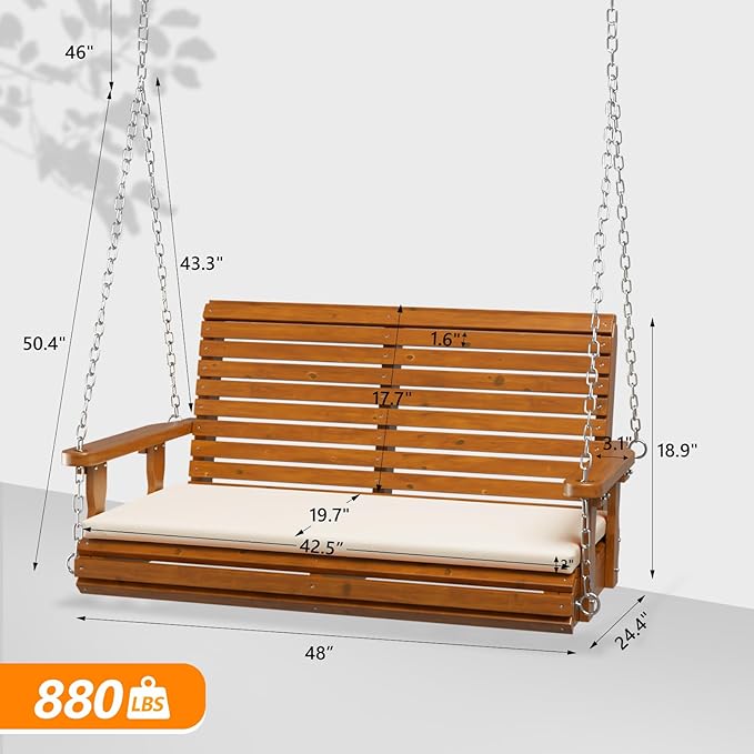 VINGLI Outdoor 4 FT Porch Swing, Heavy Duty 880 LBS Wooden Patio Swings with Cushions, Farmhouse Style Hanging Bench with Adjustable Chains for Yard | Garden | Lawn | Balcony, Brown