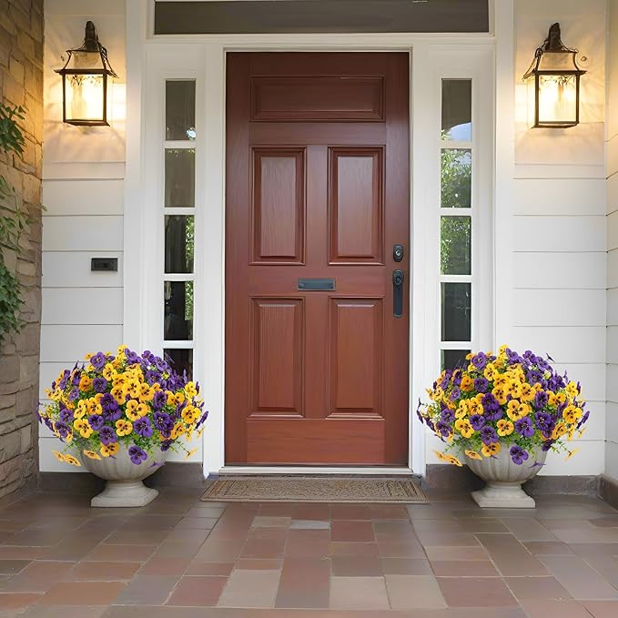 36 Pcs Artificial Fake Pansy Flowers for Outdoor, Faux UV Resistant Silk Pansies Flowers for Outside Planter Front Door Porch Yard Patio Window Box Home Decor (36, Yellow,Purple)