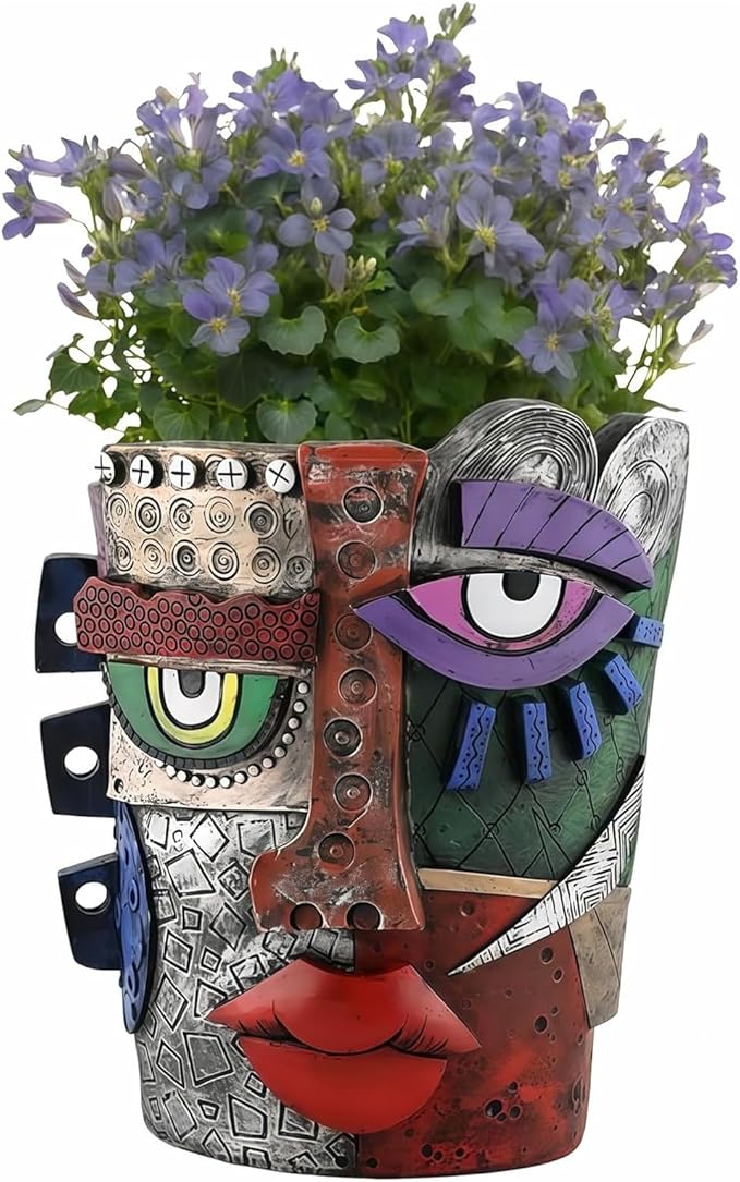 Picasso Abstract Face Flower Pot,Unique Resin Crafted Planter with Drainage Holes,Interesting Colorful Planter with Human face,for Indoor and Outdoor Botanical Home décor (Serious)