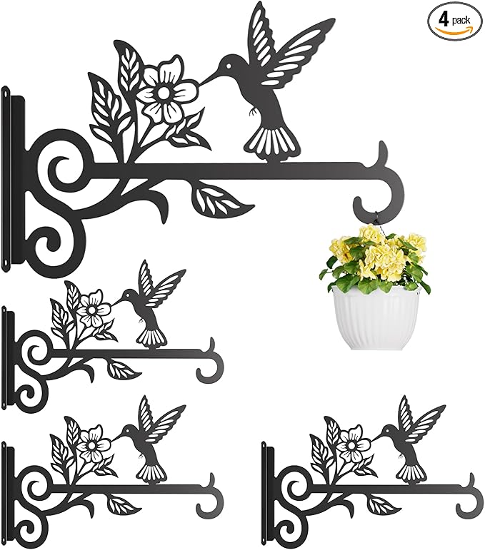 4-Pack Aesthetic Plant Hangers Outdoor – 10 Inch Metal Hanging Plant Bracket with Beautiful Hummingbird Pattern – Anti Rust Plant Hooks for Hanging Plants, Bird Feeder, Windchime, Lantern