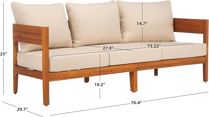 SAFAVIEH Outdoor Collection Theo Natural Teak Solid Wood/Taupe Cushion 3-Seater Sofa