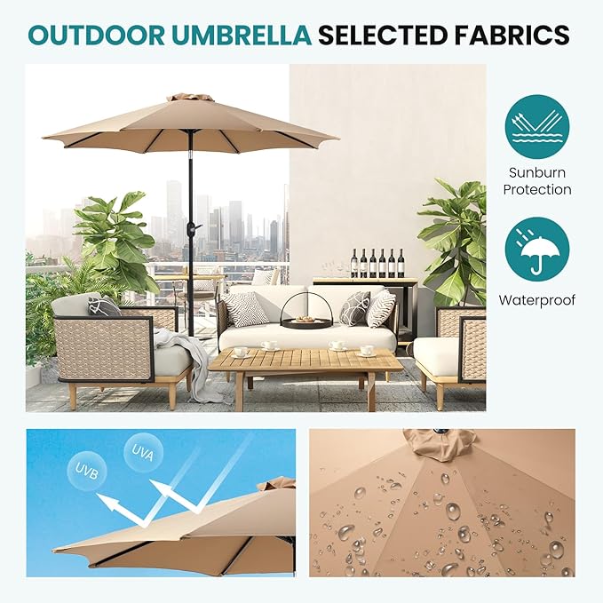 OLIXIS 9ft Patio Umbrella with Tilt and Crank Button & 8 Sturdy Ribs Waterproof, Patio Table Umbrella Perfect for Poolside, Terrace, Beach and Outdoor Restaurant, Khaki