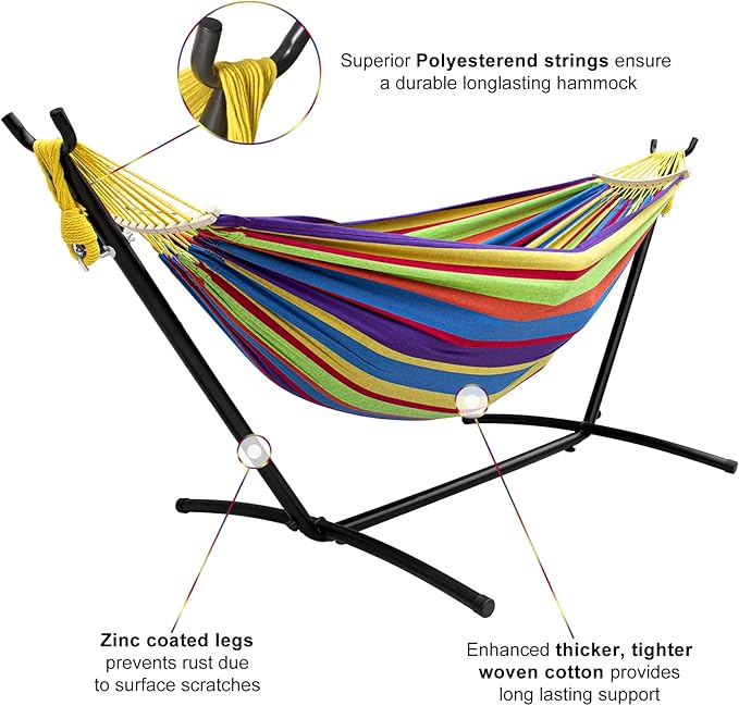 SZHLUX Double Hammock with Stand for Outside 450lb Capacity Steel Stand, Premium Carry Bag Included and Two Anti Roll Balance Beam