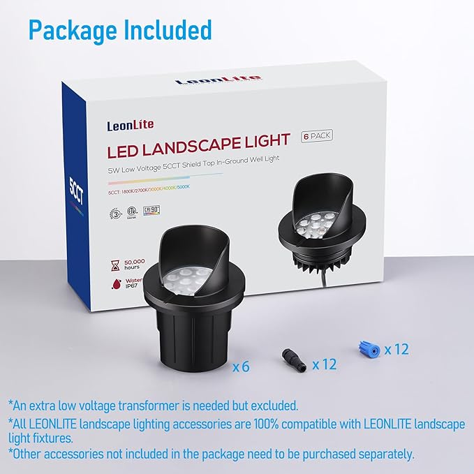 LEONLITE Dia. 4 Inch 5CCT Well Lights Landscape LED In Ground, Shielded Top, 5 Color Temperature Selectable, 12-24V AC/DC CRI90 Low Voltage Garden Landscaping, Black Aluminum Housing, Pack of 6