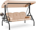 HOMREST 3 Seat Outdoor Porch Swing with Adjustable Canopy, Convertible Patio Swing Bed with Stand, Patio Glider Swing with Upgraded Cup Holder, Thicken Cushions ＆ Pillow for Backyard(Khaki)