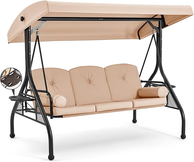 HOMREST 3 Seat Outdoor Porch Swing with Adjustable Canopy, Convertible Patio Swing Bed with Stand, Patio Glider Swing with Upgraded Cup Holder, Thicken Cushions ＆ Pillow for Backyard(Khaki)