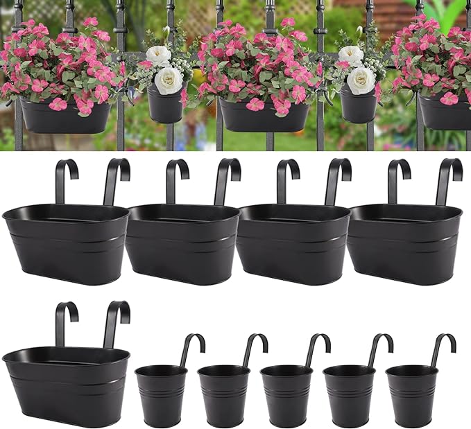 HowRU Metal Iron Flower Pots for Railing Fence Hanging Bucket Pots(5 Pcs) and Hanging Flower Pots Metal Iron Bucket Planter(10 Pcs) (Black)