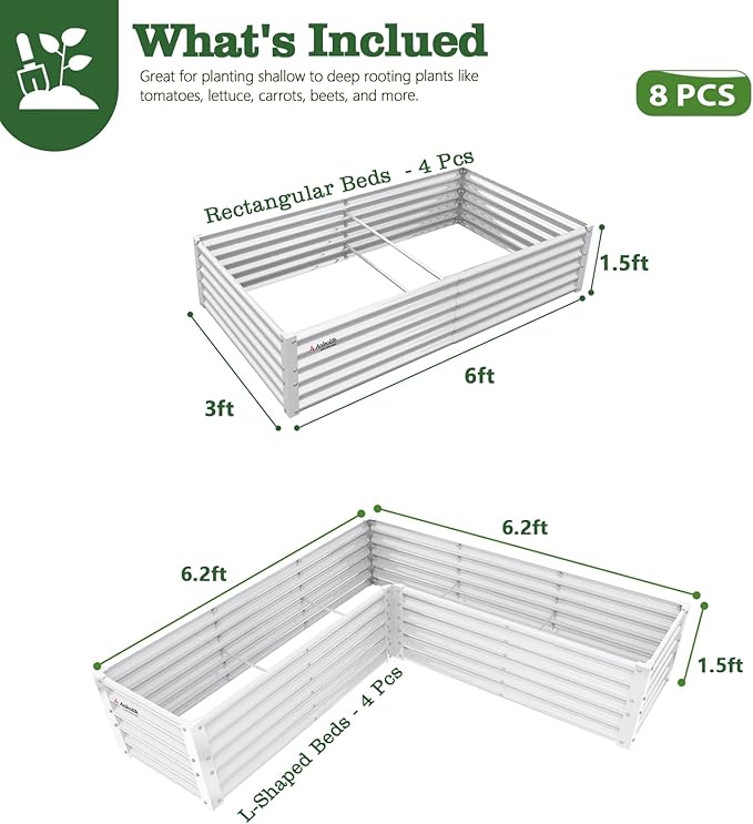 A ANLEOLIFE Set of 8, 18 Inch Tall Antique White Raised Garden Beds Kit, L-Shaped & Rectangular Metal Planters – Ideal for Backyard Vegetables Flowers Herbs