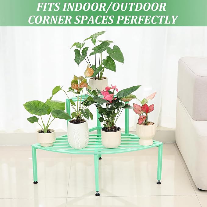 Corner Plant Stand Outdoor Metal,2 Tier Heavy Duty Ladder Plant Shelf Indoor for Multiple Plants,37.08" L x 22.83" W x 20.07" H,Mint Green