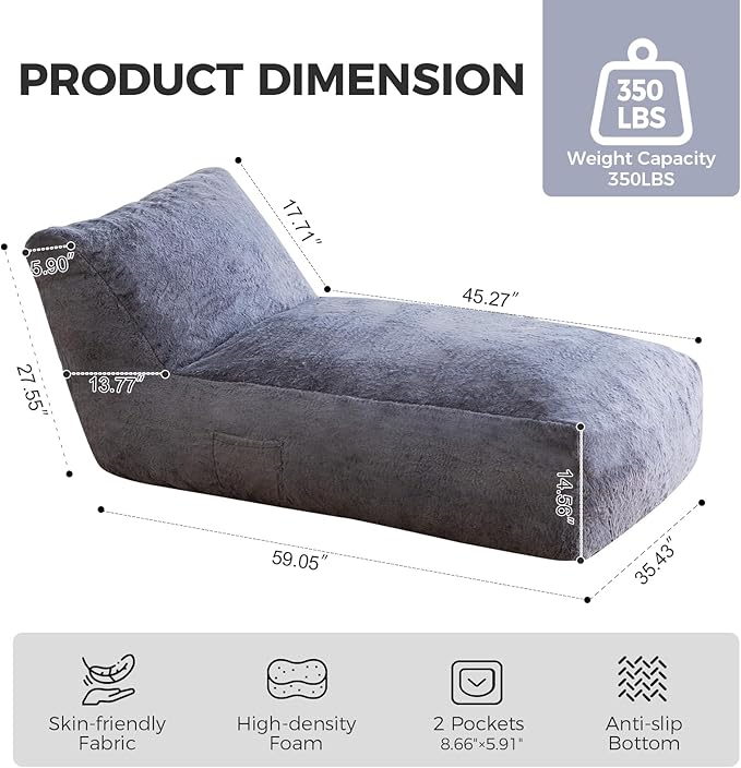 Giant Bean Bag Lounger Chair for Adults with Soft & Cozy Plush Fabric,Memory Foam Filled Beanbag Chair for Family Living Room,Bedroom and Game Room (Grey)