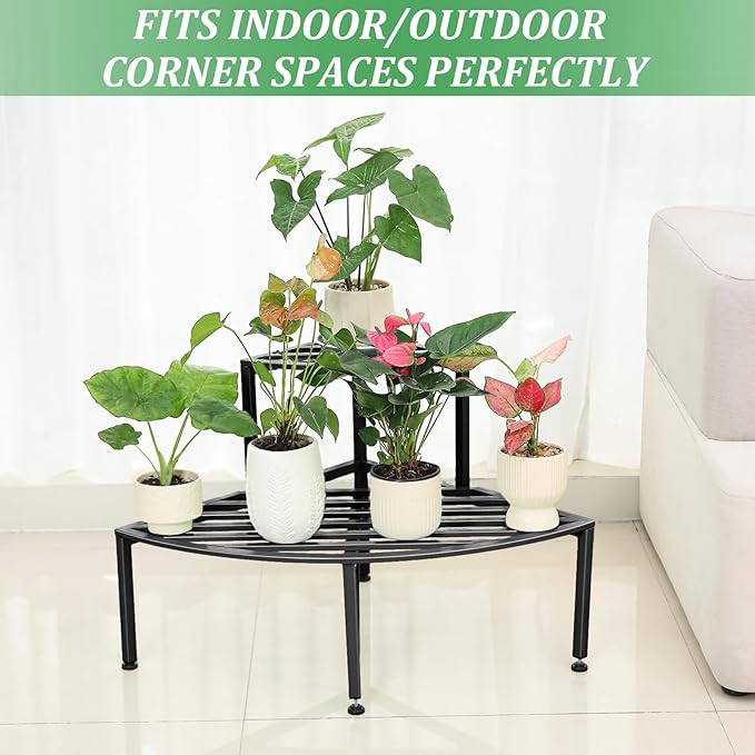Corner Plant Stand Outdoor Metal,2 Tier Heavy Duty Ladder Plant Shelf Indoor for Multiple Plants,37.08" L x 22.83" W x 20.07" H,Black