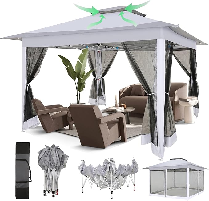 COBIZI 12x12 Pop Up Gazebo On Clearance - Upgrade Easy Up Metal Outdoor Canopy Waterproof - Portable Gazebo with Mosquito Nettings, 4 Ropes 8 Stakes and Carry Bag for Patio Garden(Light Gray)