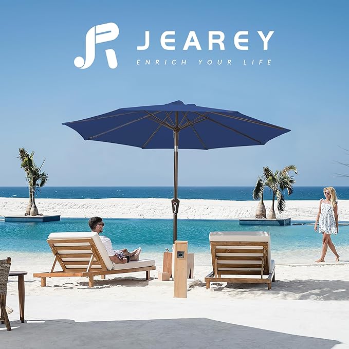 JEAREY 9FT Outdoor Patio Umbrella Outdoor Table Umbrella with Push Button Tilt and Crank, Market Umbrella 8 Sturdy Ribs UV Protection Waterproof for Garden, Deck, Backyard, Pool (Dark Blue)