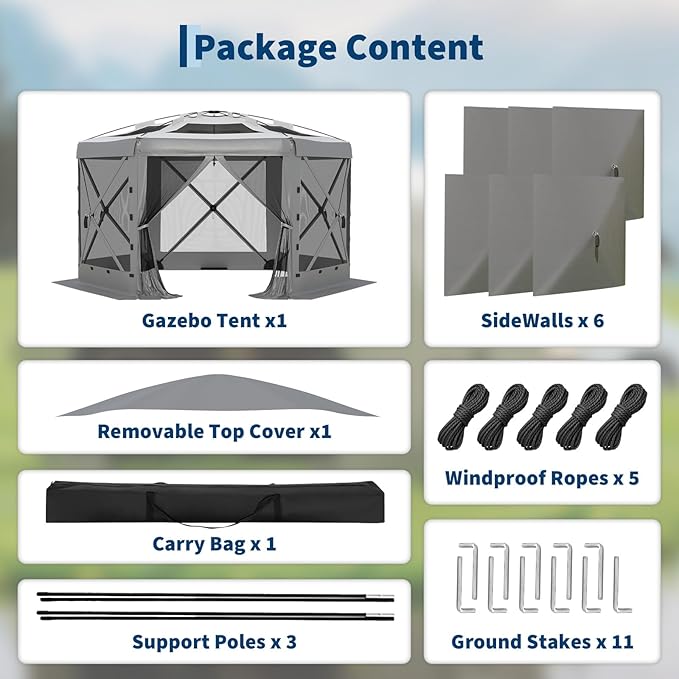 13x13FT 6-Sided Pop Up Gazebo Tent，One-Push Setup Canopy Tent with Removable Canopy Top & Wind Cloths, Outdoor shelter for Camping, Backyard Parties, Outdoor Events - Grey