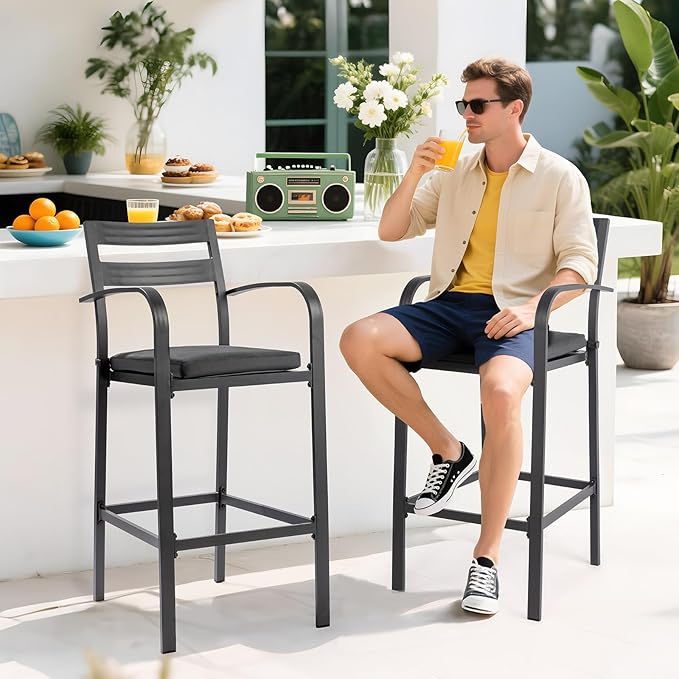 VINGLI Outdoor Bar Stools Set of 2, All-Weather Bar Height Aluminum Stools with 1.6" Thick Cushion, Rust-Proof Patio Chairs for Backyard, Poolside, Balcony & Kitchen Island (Dark Gray)