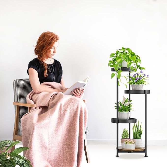 4 Tier Plant Stand Indoor Outdoor, Metal Flower Pot Shelf Holder Clearance, Tall Corner Rack for Multiple Plants, Modern Organizer Display for Patio Orchid Office Porch Living Room Garden, Black