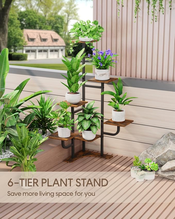 Corner Plant Stand Indoor - 6 Tiered Indoor Plant Stand Square Metal Plant Shelf, Plant Organizer for Living Room, Graden, Balcony, Home Decor (Brown)