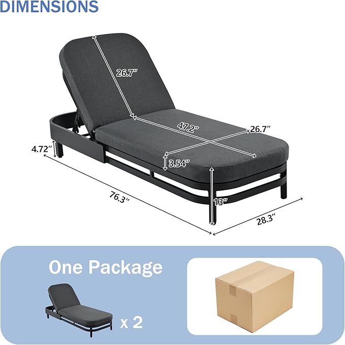 LUMISOL Outdoor Lounge Chair Set of 2, Modern Aluminum Chaise Loungers with Premium Cushions, 5-Level Reclining Chairs for Patio, Poolside, Garden, Grey Cushions