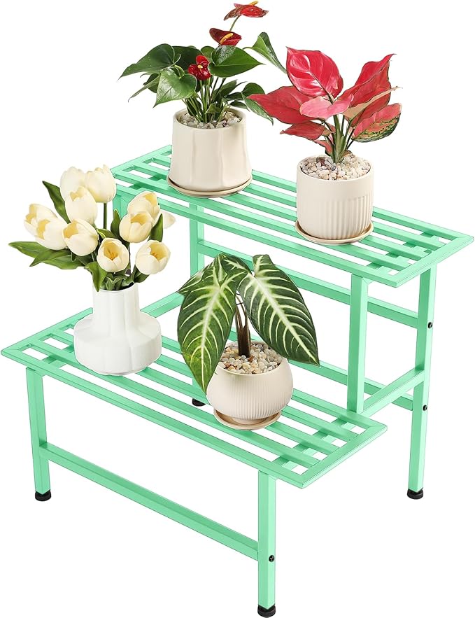 Metal Plant Stand Outdoor Plant Shelf Indoor,2 Tier Heavy Duty Ladder Plant Stands for Multiple Plants,26" L x 20.25" H x 17.75" W,Mint Green