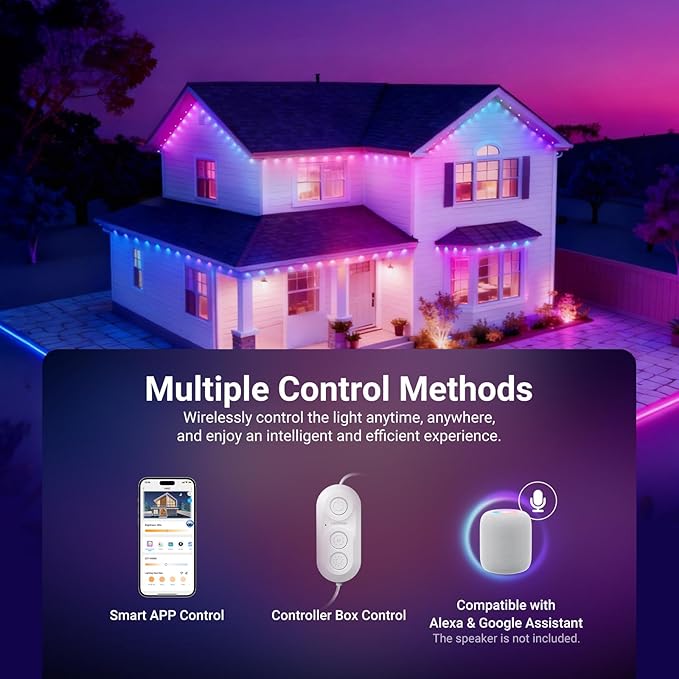NEEWER 196ft Permanent Outdoor Lights for House Decor, Smart AI RGBCW Outside Eaves String Christmas Lighting with 120 LED Lights App Control 50+ Scenes IP65 Waterproof, Compatible with Alexa, NR02