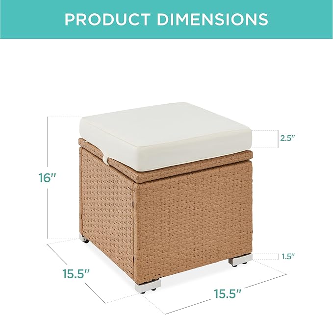 Best Choice Products Set of 2 Wicker Ottomans, Multipurpose Outdoor Furniture for Patio, Backyard, Additional Seating, Footrest, Side Table w/Storage, Removable Cushions - Natural/Ivory