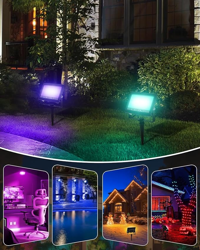 T-SUN Christmas LED Flood Light, 30W RGBCW Dimmable Outdoor Smart Lights, Color Changing LED Light with Remote & APP Control Waterproof Up Lights, Music Sync Stage Spot Light for House, Party (4 Pack)