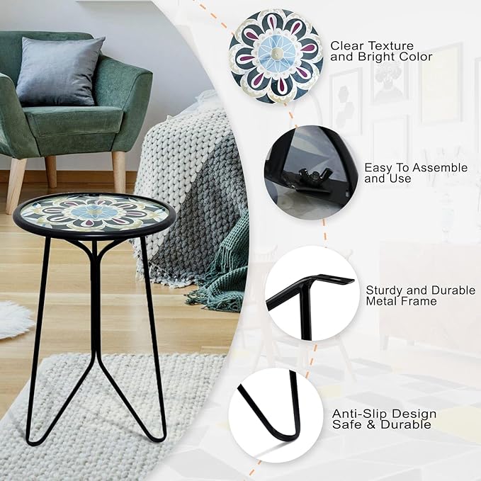LIFFY Outdoor Side Table,12" Indoor Small Round Glass Tabletop Accent Table with Metal Frame, Home Decorative Plant Stand & End Table Outside for Patio, Garden, Yard, Kitchen, Porch