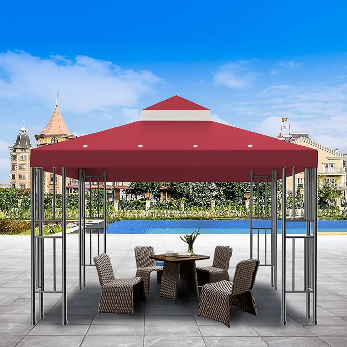 Sumfaller 10x10 FT Gazebo Replacement Canopy Top Cover Double Tiered Canopy Top Cover for Outdoor BBQ Roof Cover Grill Shelter (Red)