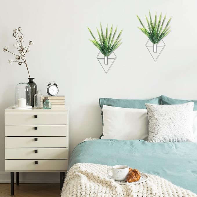 2 Pieces Wall Decor Hanging Planters with Artificial Plants Metal Hanging Vase Indoor Plants Holder Modern Boho Wall Art for Bathroom Bedroom Living Room Decor(Silver,Boston Fern)