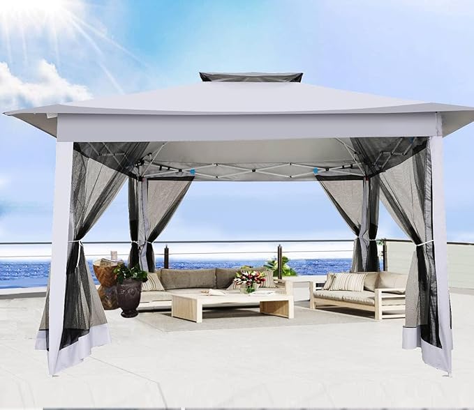 COBIZI 12x12 Pop Up Gazebo On Clearance - Upgrade Easy Up Metal Outdoor Canopy Waterproof - Portable Gazebo with Mosquito Nettings, 4 Ropes 8 Stakes and Carry Bag for Patio Garden(Light Gray)
