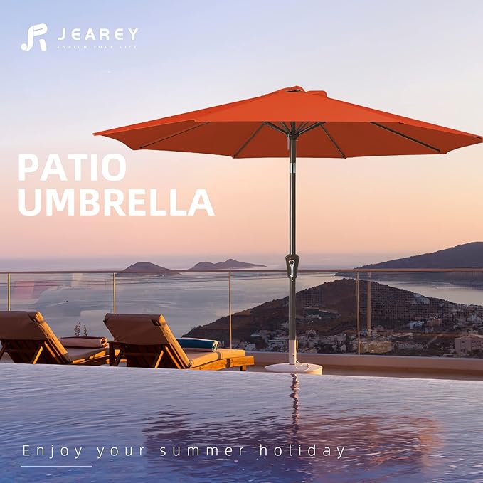 JEAREY 9FT Outdoor Patio Umbrella Outdoor Table Umbrella with Push Button Tilt and Crank, Market Umbrella 8 Sturdy Ribs UV Protection Waterproof for Garden, Deck, Backyard, Pool (Orange)