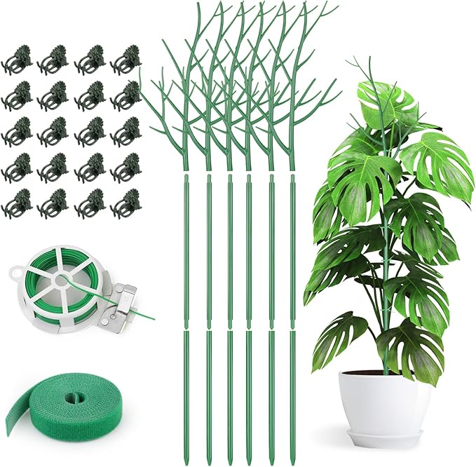 6 Pack Plant Support Stakes for Indoor Plants, 39.37 Inch Tall Twig Plant Sticks with Orchid Clips Twist Ties and Plant Ties for House Potted Monstera Plants Support, Green