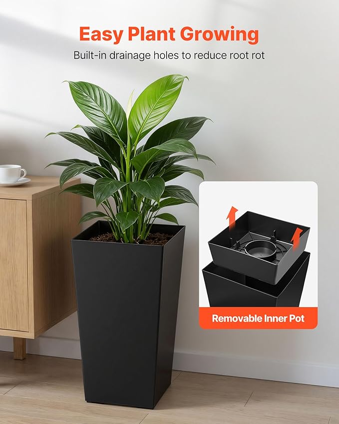 VEVOR Set of 2 Tall Planters for Outdoor Plants 22 inch, Black Tall Planter for Indoor Plants, Modern Planters for Front Porch Patio Balcony, Plant Container Flower Pots with Built-in Drainage