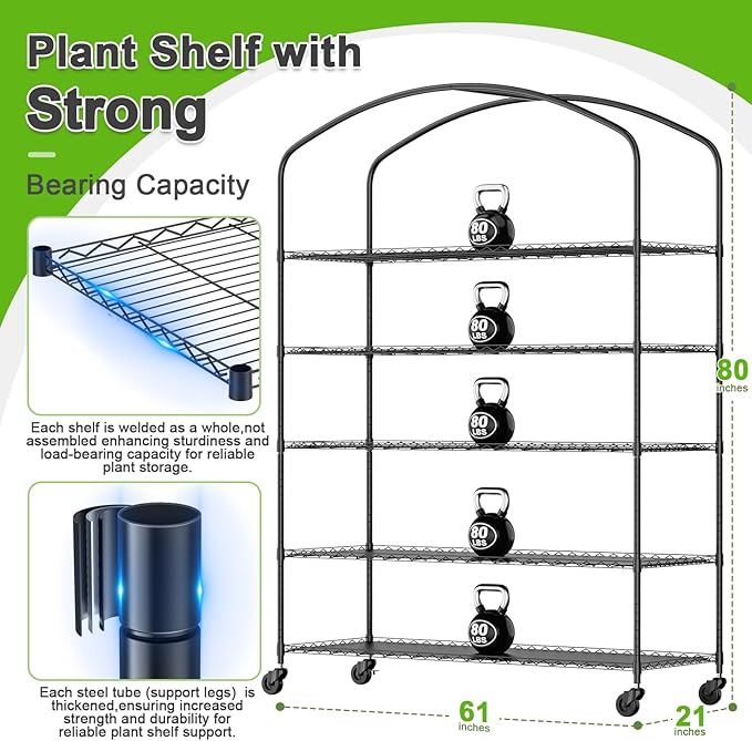 Abimars 5-Tier Greenhouse with Grow Light, Shelf Height Adjustable Metal Plant Shelf with PVC Cover and Wheels, Includes 5-Pack 2900K Full Spectrum Plant Lights, 21x60x80inch
