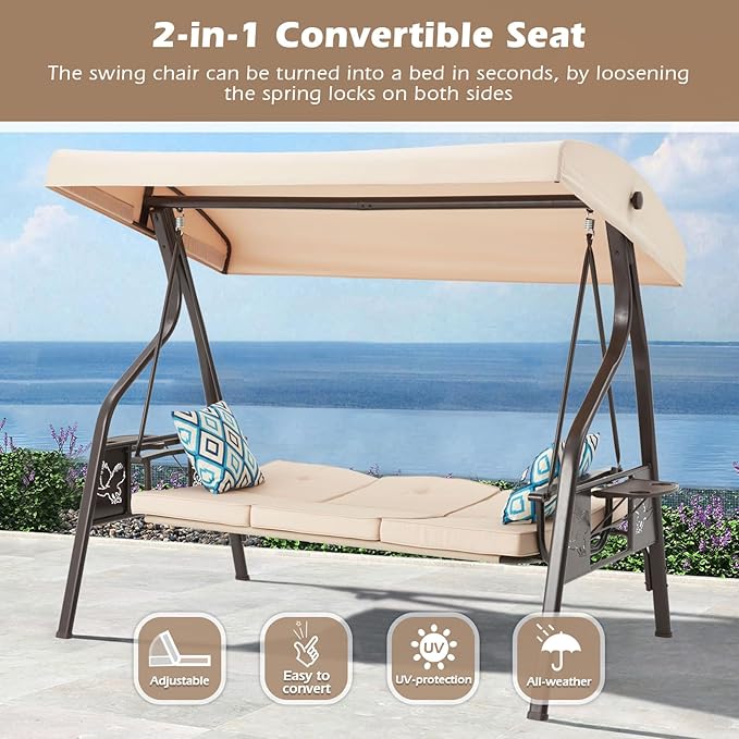 3-Seat Outdoor Porch Swing with Stand, Patio Swing with Canopy, 2 in 1 Porch Swing Bed & Patio Swing Chair for Adult, w/Extra Pillows and Cup Holder for Yard