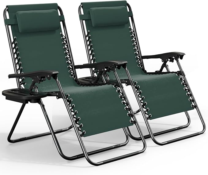 Nestl Zero Gravity Chairs Set of 2, Patio Lounge Chair Outdoor with Pillows & Cup Holder Trays, Adjustable Steel Mesh Reclining Camping Chair, Folding Patio Lawn Chair for Deck, Beach - Forest Green