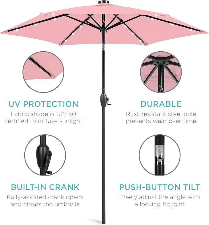Best Choice Products 7.5ft Outdoor Solar Market Table Patio Umbrella for Deck, Pool w/Tilt, Crank, LED Lights - Carnation