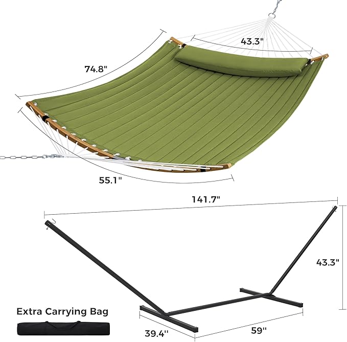 SUPERJARE Curved-Bar Hammock with Stand, 2 Person Heavy Duty Hammock Frame, Detachable Pillow & Portable Carrying Bag, Perfect for Outdoor & Indoor, Spring Green