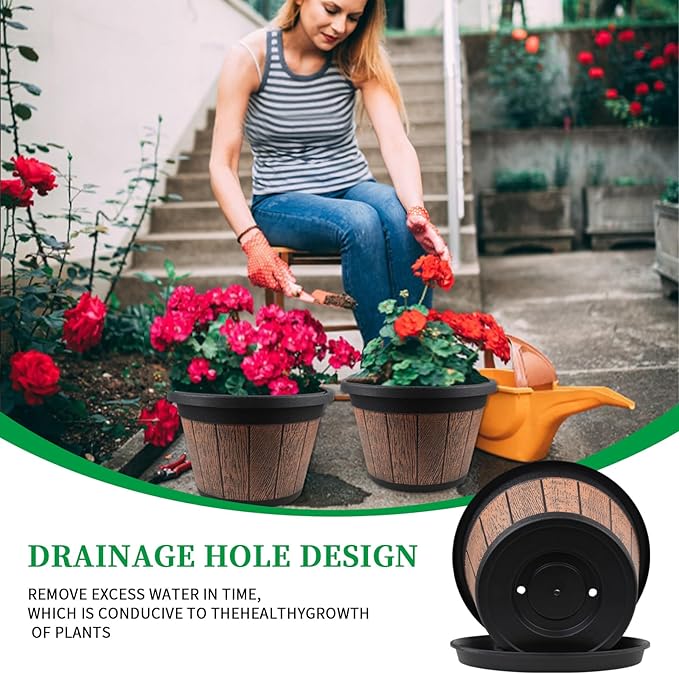 Quarut Large 4 Pack 14 inch Plant Pots,Whiskey Barrel Planters with Drainage Holes & Saucer,Plastic Decoration Flower Pots Retro Design,Planters for Outdoor Indoor Garden Balcony Plants (Brown)