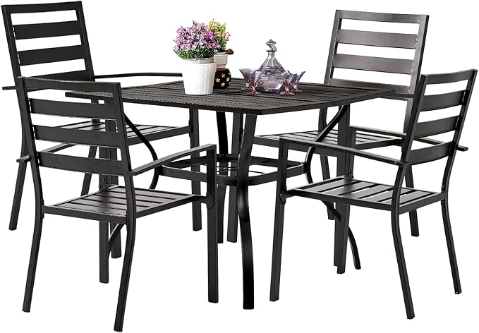 VINGLI 5-Piece Outdoor Dining Set, Metal Patio Dining Set for 4, Square Dining Table with Umbrella Hole & 4 Patio Chairs for Porch, Balcony and Backyard