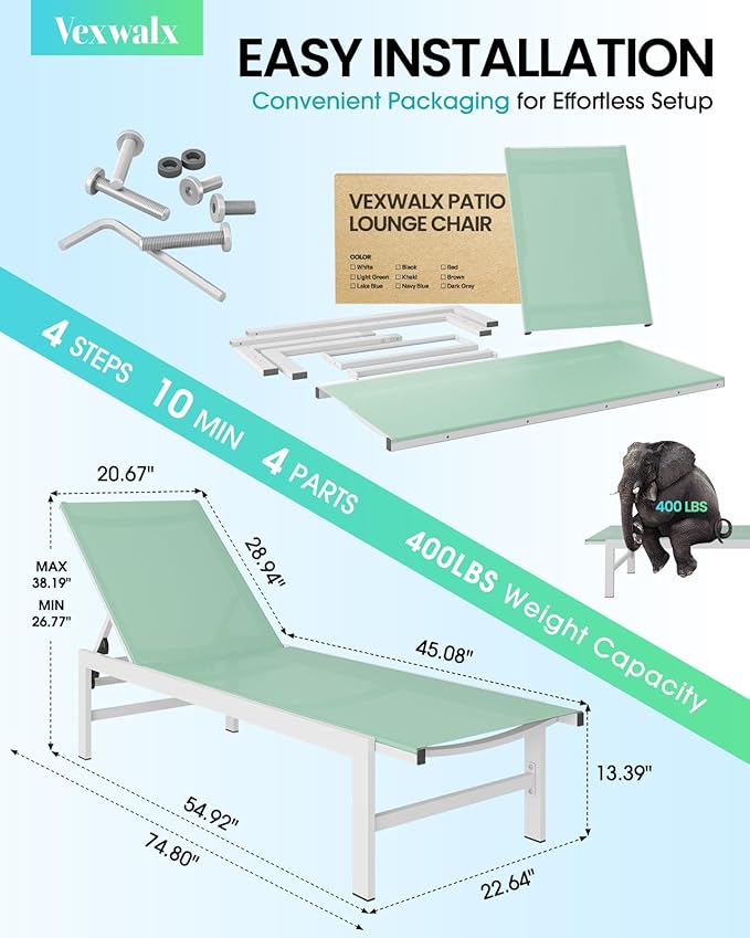 Outdoor Lounge Chair for Pool, Aluminum Chaise Lounge Chairs with 5-Position Recliner, Patio Lounge Chair for Backyard, Poolside, Deck, Lawn (LightGreen)