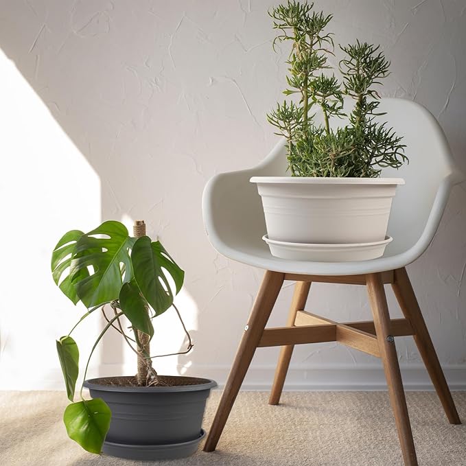Large 4 Pack 13 inch Plant Pots, Round Plastic Pots for Plants, Outdoor Planters with Drainage Hole & Tray Saucer, Decoration Large Flower Pots for Indoor Outdoor Garden Home Plants (Gray White)