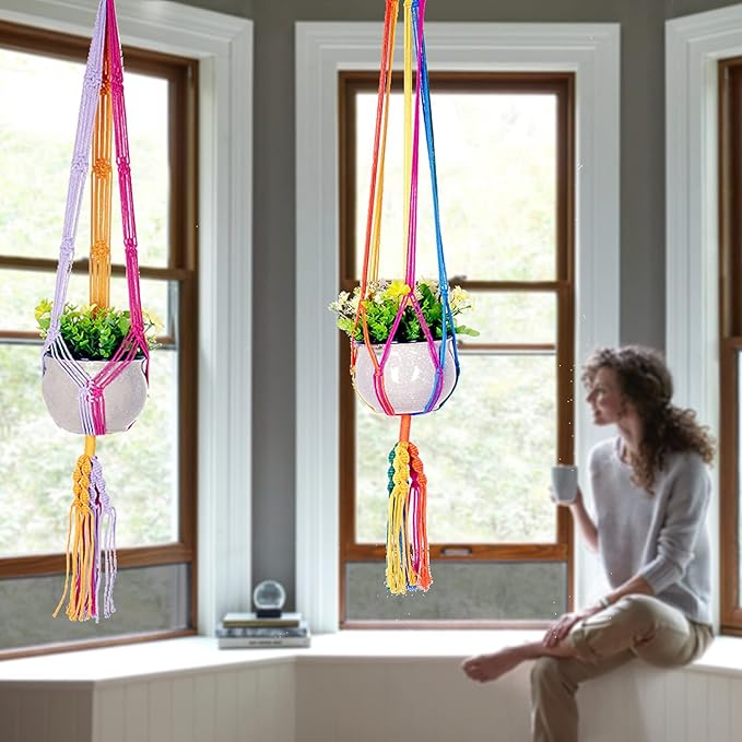 Rainbow Colorful Macrame Plant Hanger with 2 Hooks, Hanging Plant Holder Indoor Outdoor, Handmade Cotton Rope for Boho Room Decor Hanging Ceiling Decor，2 Pack
