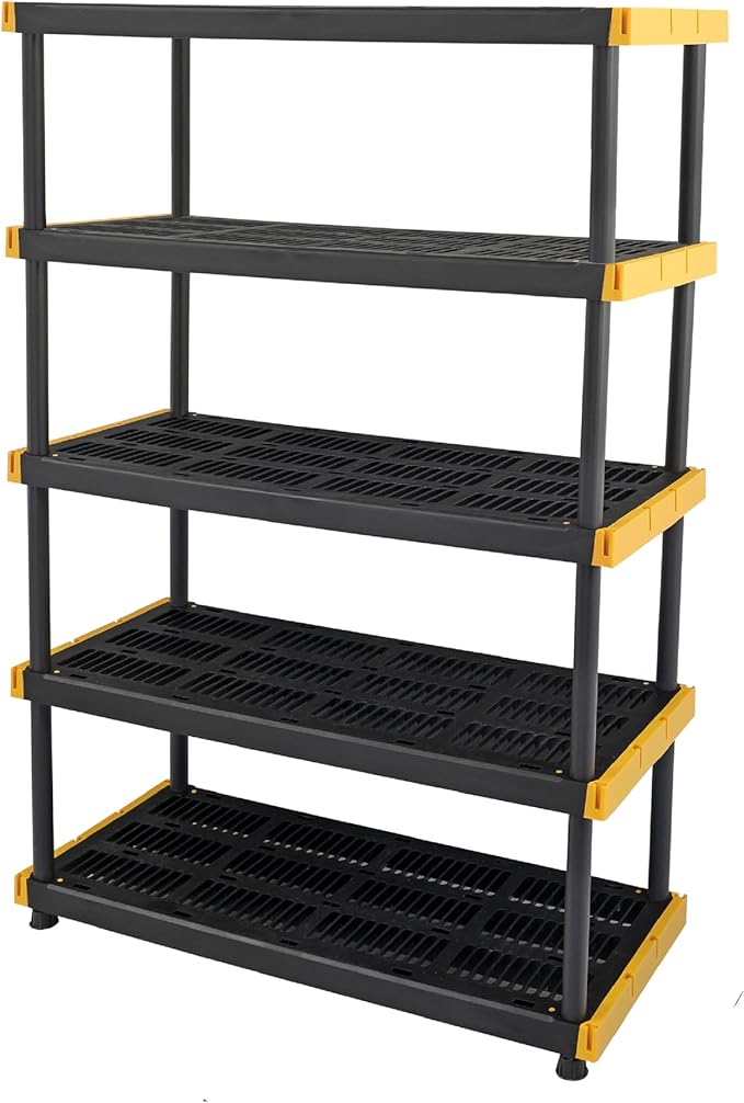 CX Black & Yellow, 5-Tier Heavy Duty Plastic Storage Shelves that Support up to 200lbs/shelf, Organization and Storage, Weather-Resistant Design, Easy Assembly (72”H x 48”W x 20”D)