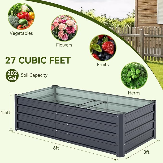 Ohuhu 6x3x1.5FT Metal Raised Garden Bed Outdoor, Reinforced Galvanized Steel Rustproof Planter Box, 100% Non-Toxic, 202 Gal Large Capacity Heavy Duty Raised Beds for Vegetables Flowers Herbs 2-Pack