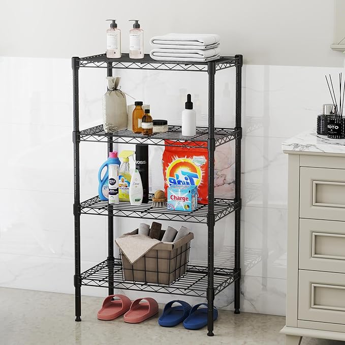 DUMOS 4-Tier Metal Wire Storage Shelves, Adjustable Standing Storage Rack Shelf, Heavy Duty Steel Shelving Unit Organizers for Kitchen Bathroom Pantry Garage, 23.3" W×13.4" D×47" H, Black