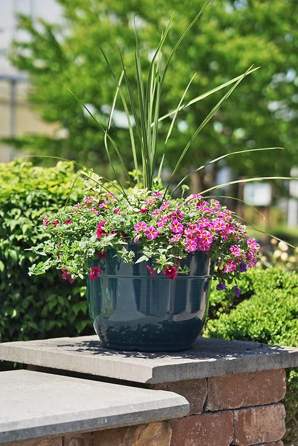Garden Elements Indoor/Outdoor Glazed Brushed Happy Plastic Planter, Large, Dark Teal, 15" (Pack of 2)