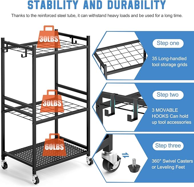 Garden Organizer With Wheels, Yard Tower Rack for Garage Storage, Up to 35 Long-Handled Tools, Sturdy Metal Steel Holder With 3 Hooks, Outdoor, Black