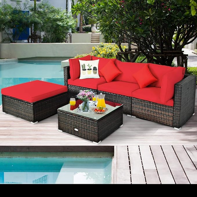 Tangkula 5 Pieces Patio Rattan Furniture Set, Outdoor Sectional Rattan Sofa Set with Back & Seat Cushions, Wicker Conversation Set with Tempered Glass Table for Backyard Porch Poolside (Red)